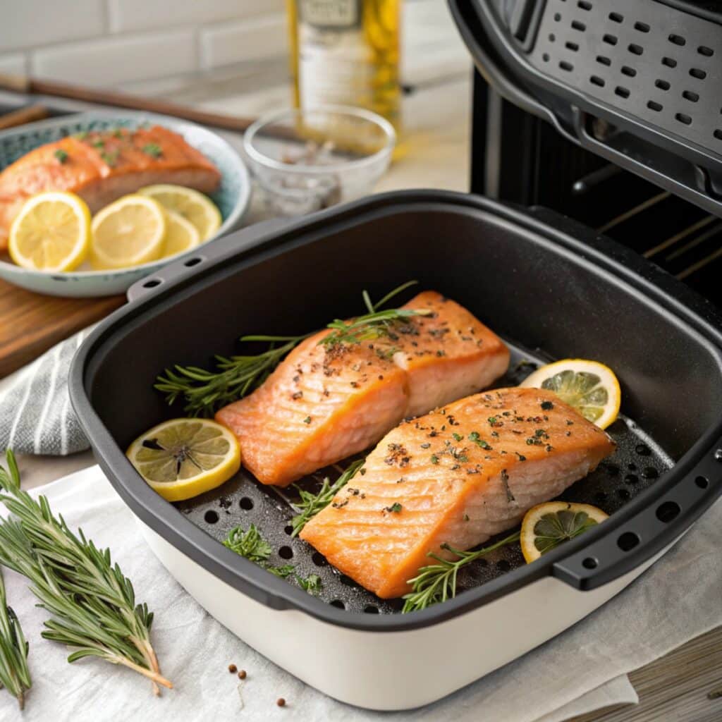 Salmon filets cooking in air fryer basket