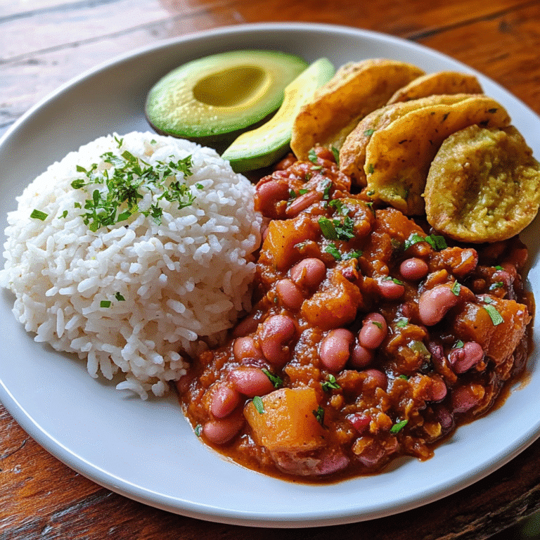 Arroz con Habichuelas Guisadas served with rice and avocado