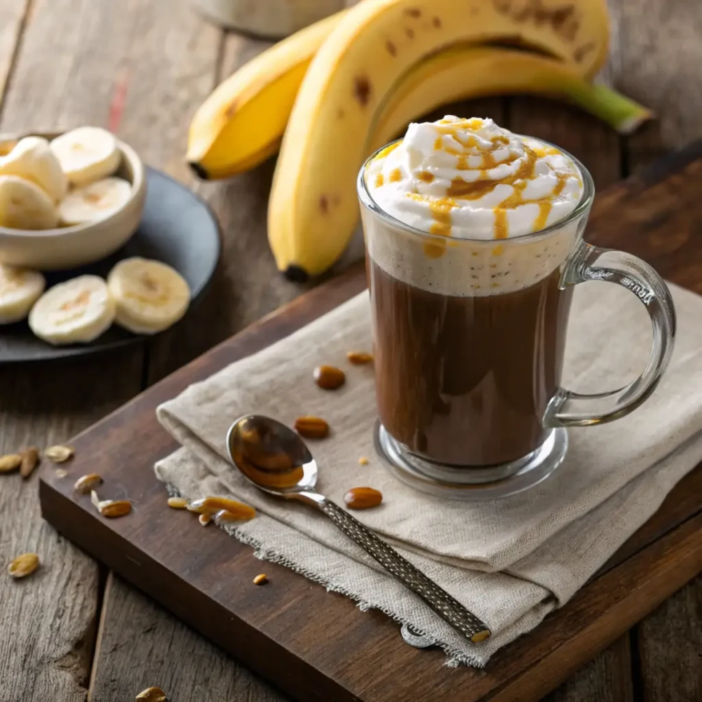 Banana Coffee Syrup: A Flavor Twist Your Mornings Need 5 Banana coffee syrup in a glass mug with frothy milk and banana garnish