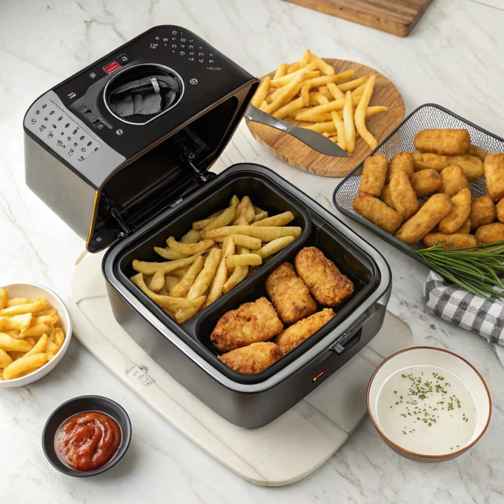 Frozen snacks like fries and nuggets inside air fryer