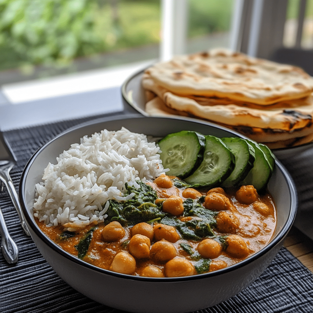 Chickpea and Spinach Curry: The Perfect Plant-Based Comfort Food 9 chickpea and spinach curry served with naan and salad