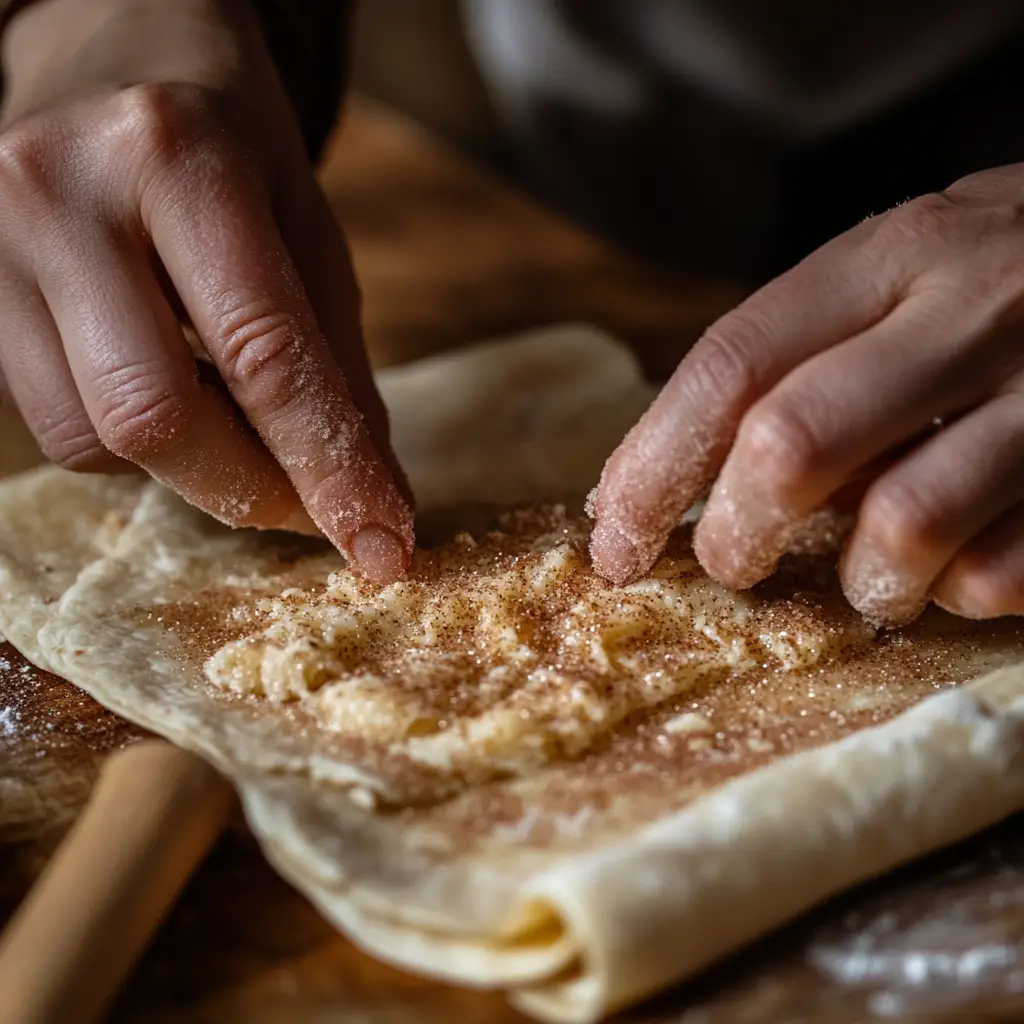 Mexican Tortilla Cinnamon Rolls – The Irresistible Fusion of Tradition and Sweet Delight 7 Spreading filling on Mexican tortilla cinnamon rolls