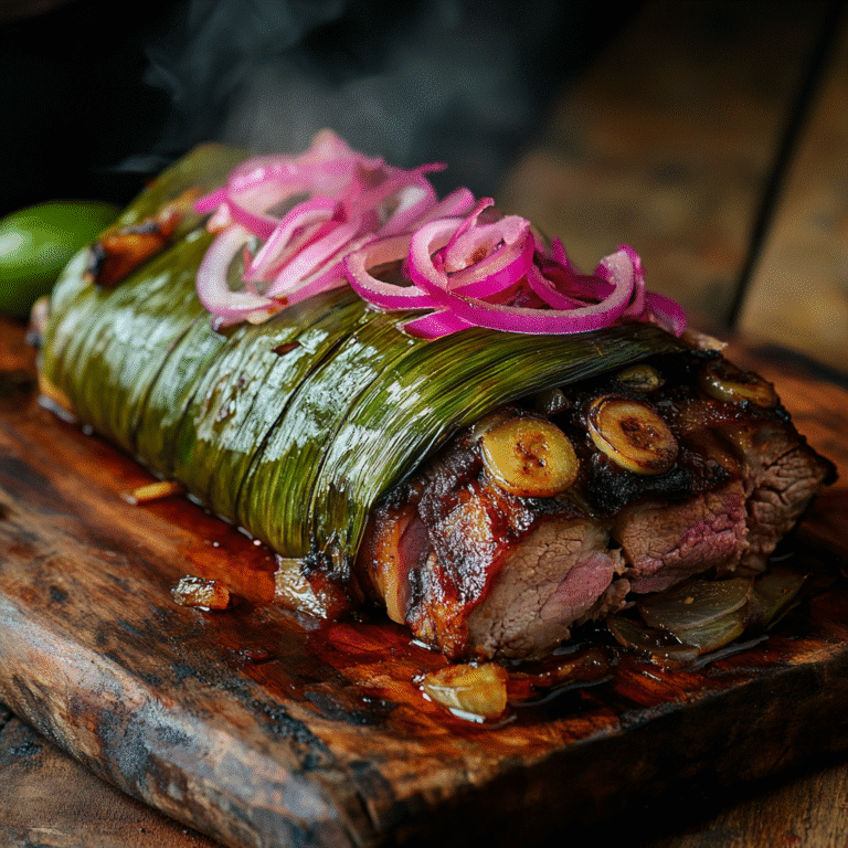 Cochinita Pibil traditional pork in banana leaves with pickled onions
