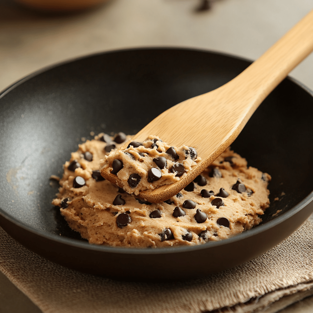How to Make a Cookie in a Frying Pan (No Oven Needed!) 8 raw cookie dough in a frying pan with chocolate chips