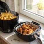 Crispy chicken wings and fries in air fryer basket – perfect for easy air fryer recipes