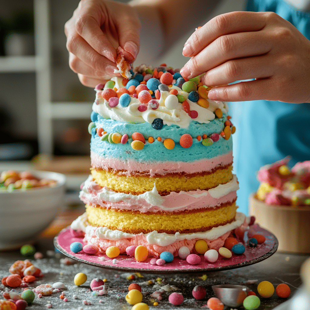 Chaos Cakes: The Most Exciting Dessert Trend of 2025 9 layering chaos cake with frosting and candy