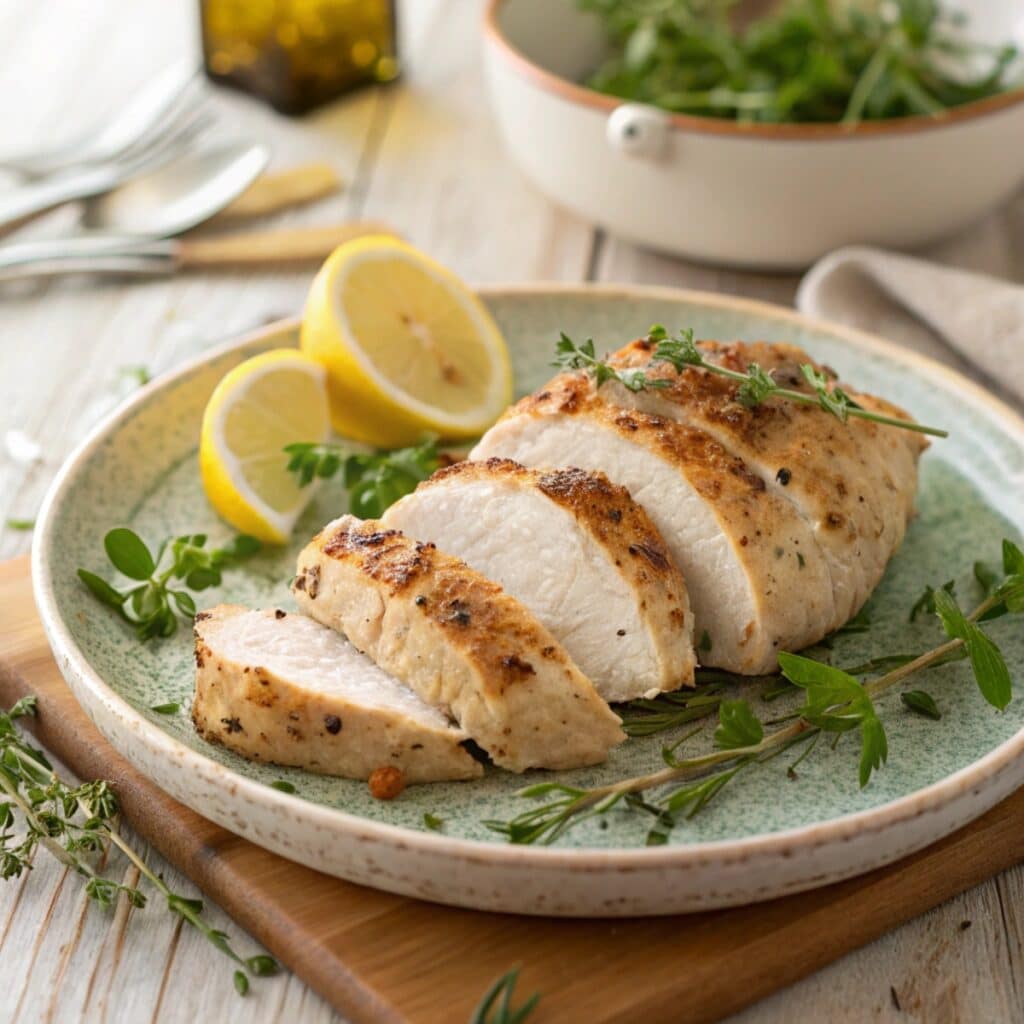 Air fryer chicken breast sliced and plated with herbs