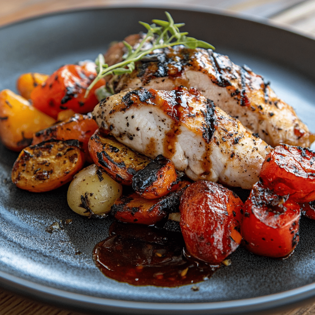 Salsa Negra – The Bold, Smoky Flavor Your Pantry Needs 9 Grilled chicken served with Salsa Negra and vegetables