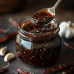 Salsa Negra – The Bold, Smoky Flavor Your Pantry Needs 6 Salsa Negra in glass jar with dried chilies and garlic