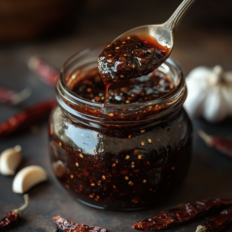 Salsa Negra in glass jar with dried chilies and garlic