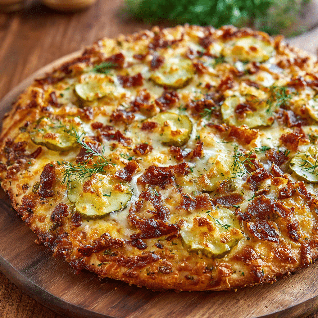 Pickle pizza with bacon and cheese on wooden board