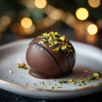 Close-up of Dubai chocolate pistachio truffle with gold flakes