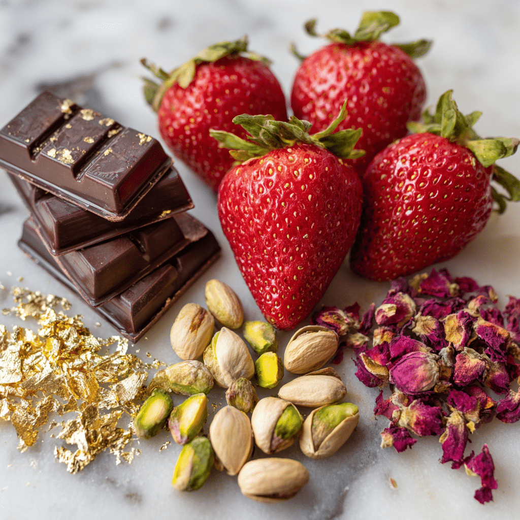 Dubai Chocolate Strawberries – The Luxe Treat Everyone’s Talking About 7 Ingredients for Dubai chocolate strawberries on marble