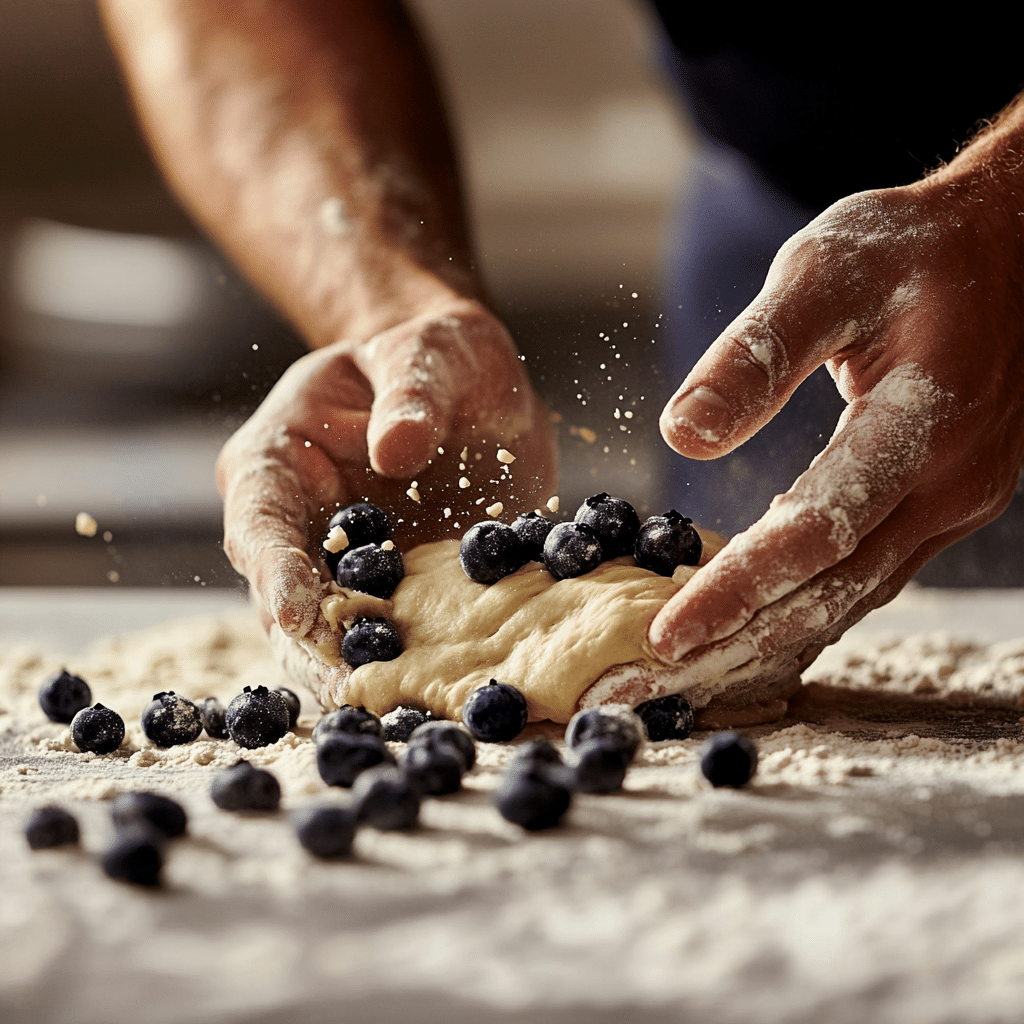 Folding blueberries into sourdough dough