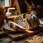 High-fiber sourdough bread sliced on wooden board
