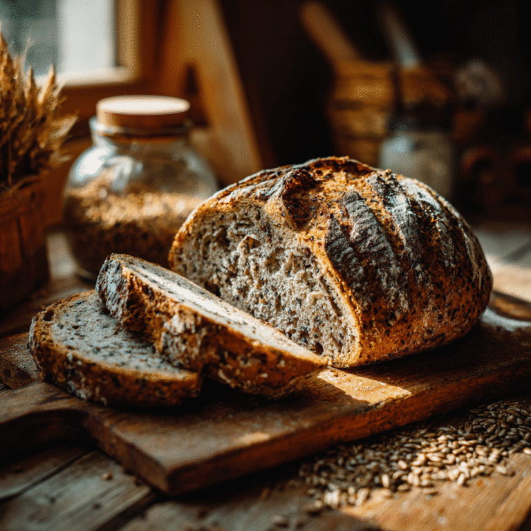 High-fiber sourdough bread sliced on wooden board