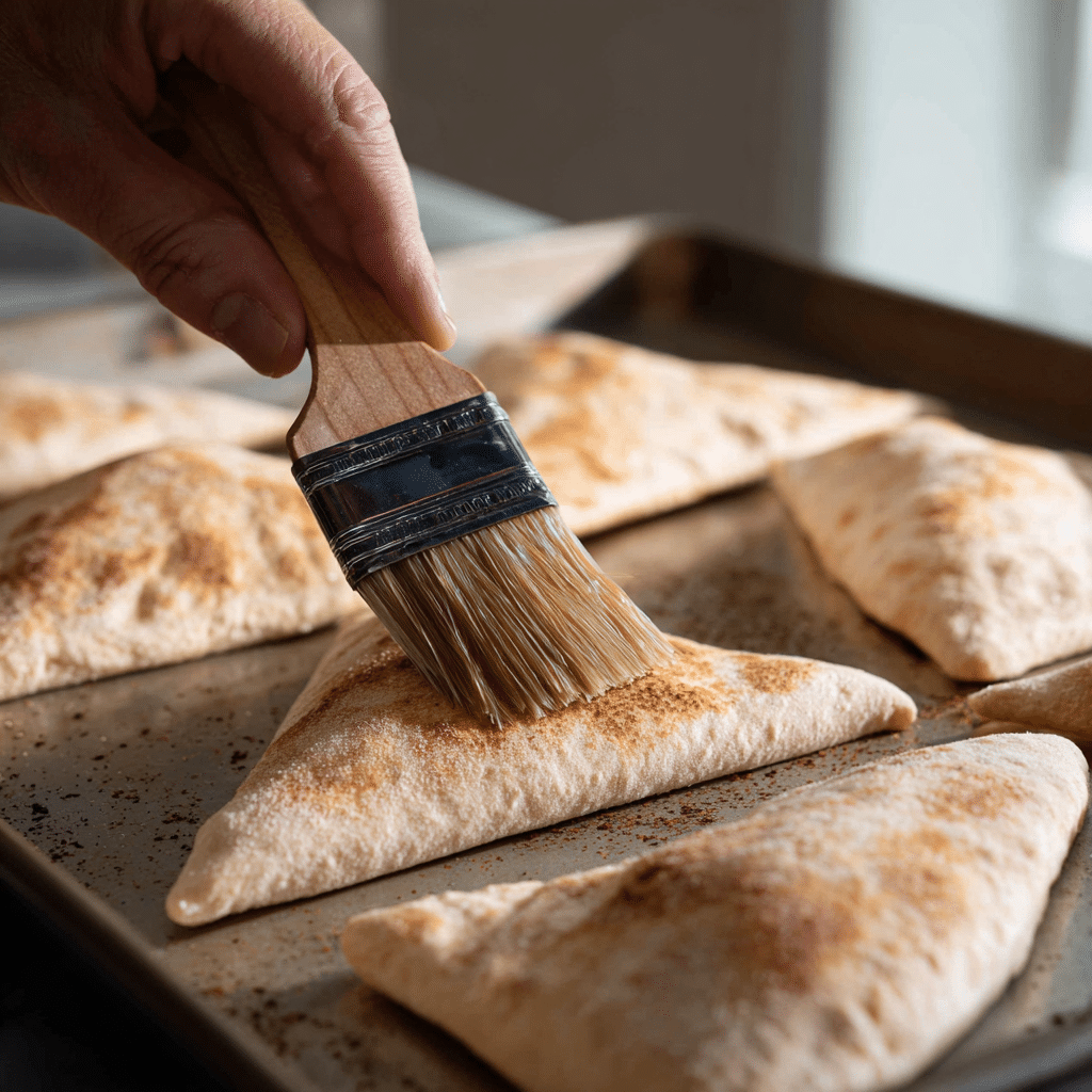 Preparing sourdough pita chips on a baking tray