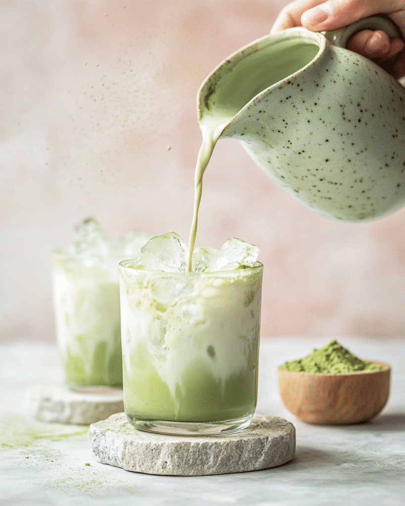How to Make a Matcha Latte Iced: The Ultimate Homemade Guide 8 A hand pours milk into a glass of iced matcha latte, creating a swirling green and white effect, with another glass and a bowl of matcha powder in the background.
