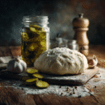 Pickle pizza dough ball with pickle jar and rolling pin