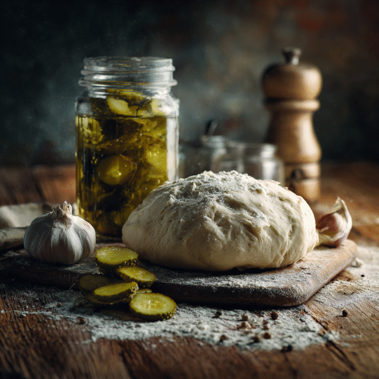 Pickle pizza dough ball with pickle jar and rolling pin