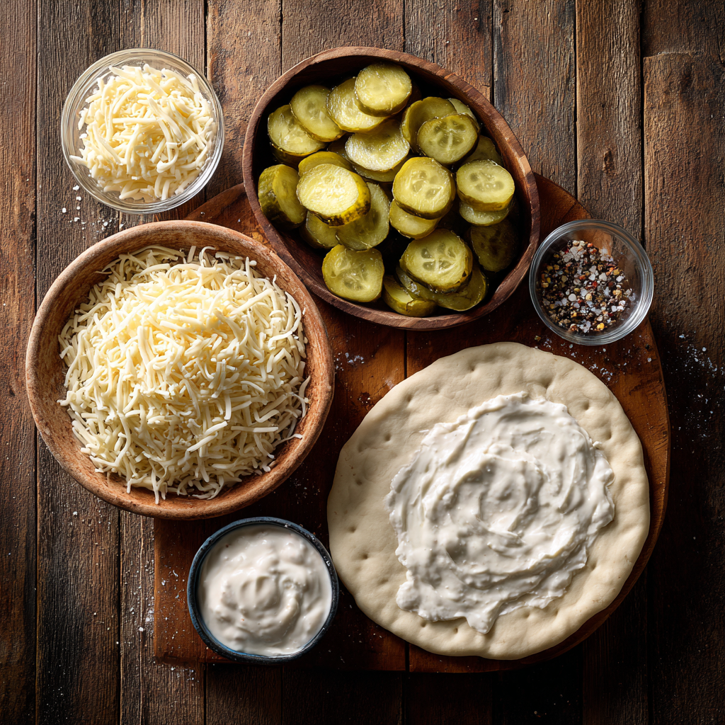 Homemade Pickle Pizza ingredients on table