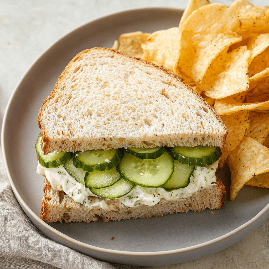 Zesty Creamy Dill Pickle Sandwich 7 Pickle sandwich served with potato chips.