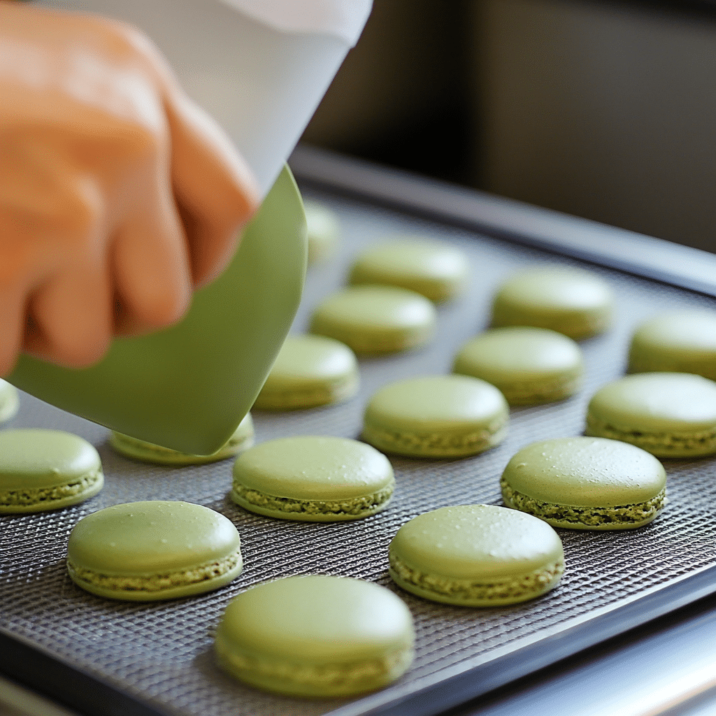 Pistachio Macarons – The Most Delicious Guide to Nutty Perfection 8 piping pistachio macaron shells on baking mat
