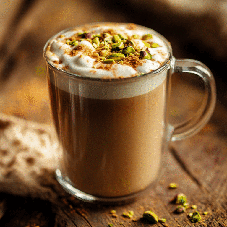 homemade pistachio latte in clear glass mug