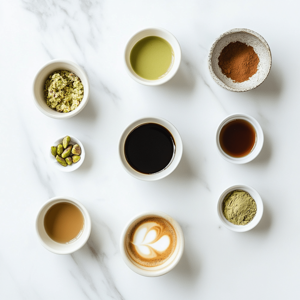 pistachio latte ingredients on marble