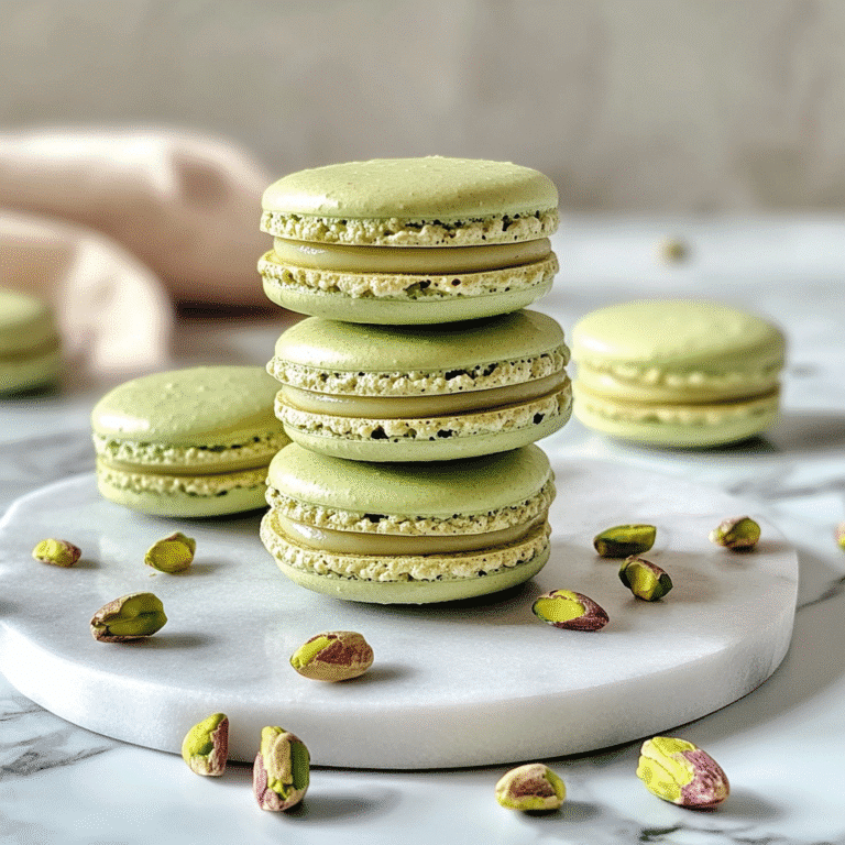 Pistachio Macarons – The Most Delicious Guide to Nutty Perfection 6 pistachio macarons on marble plate with real pistachios