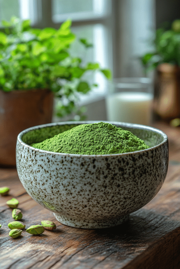 Pistachio Matcha Latte – The Creamy Green Fusion Taking Over Cafés 8 Pistachio cream, matcha powder, and oat milk on a kitchen counter