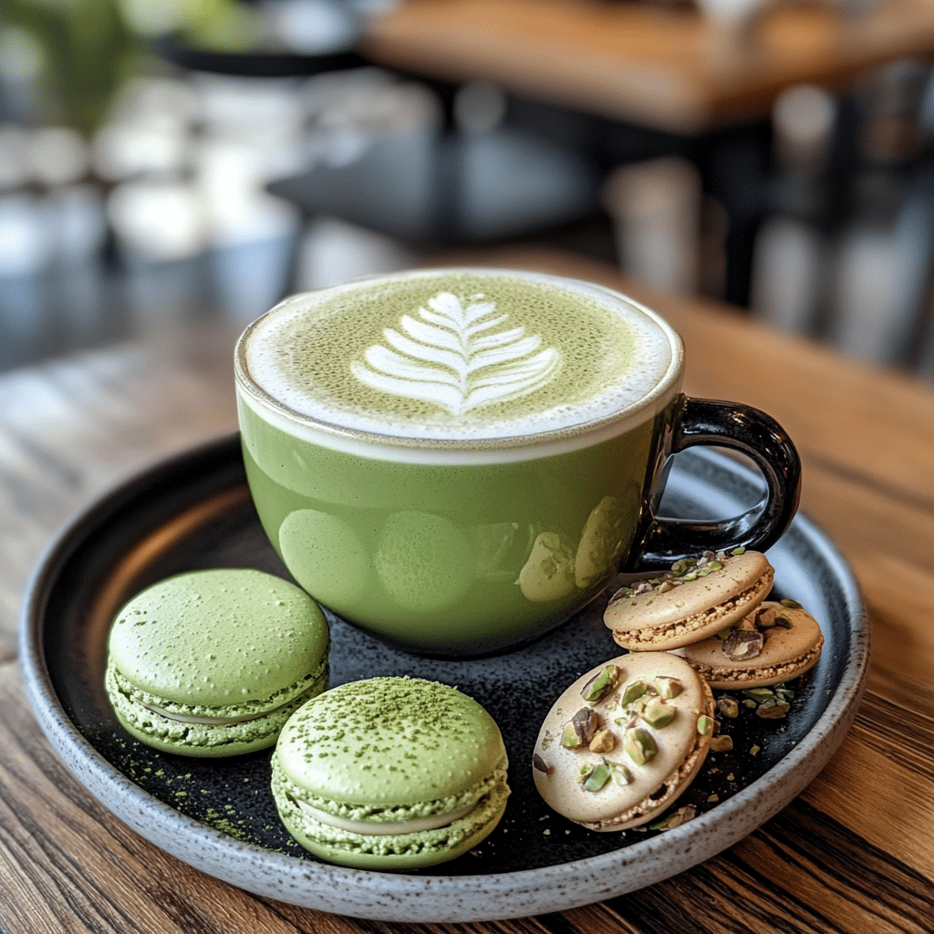 Pistachio Matcha Latte – The Creamy Green Fusion Taking Over Cafés 9 Pistachio matcha latte paired with pistachio macarons and cookies