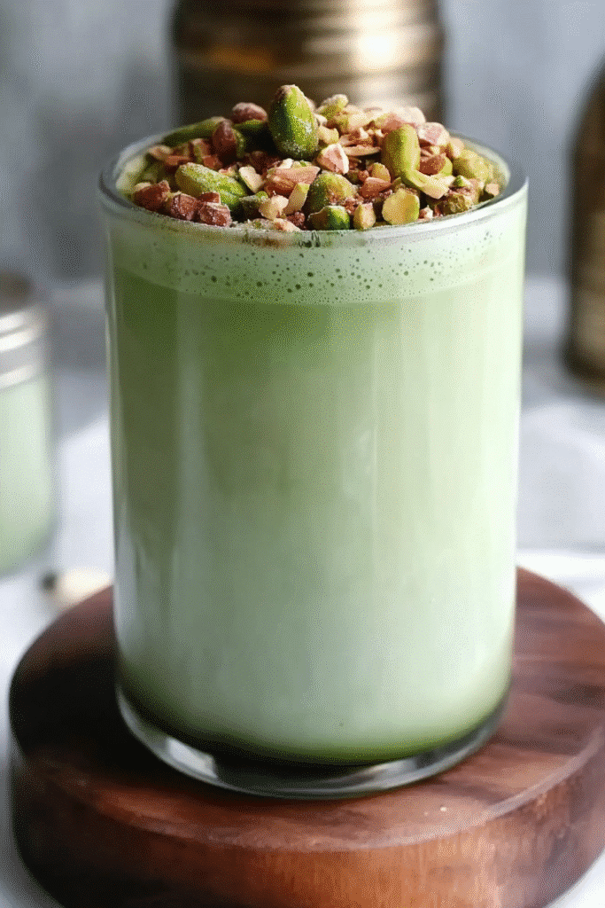 Pistachio Matcha Latte – The Creamy Green Fusion Taking Over Cafés 7 close-up of a hot pistachio matcha latte with matcha dusting
