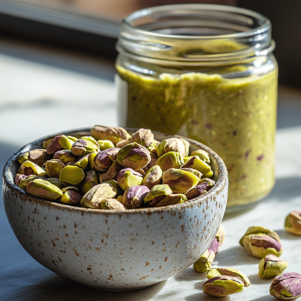Pistachio Nut Butter: A Gourmet Spread with Real Benefits 8 raw pistachios next to jar of nut butter