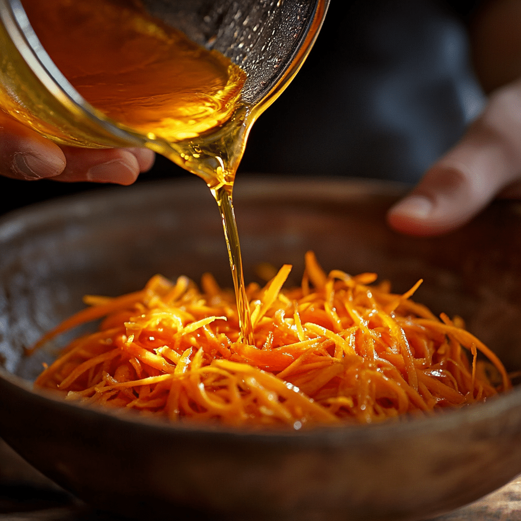 Korean Carrot Salad – The Bold, Crunchy Delight You Didn't Know You Needed 3 Pouring oil on Korean Carrot Salad