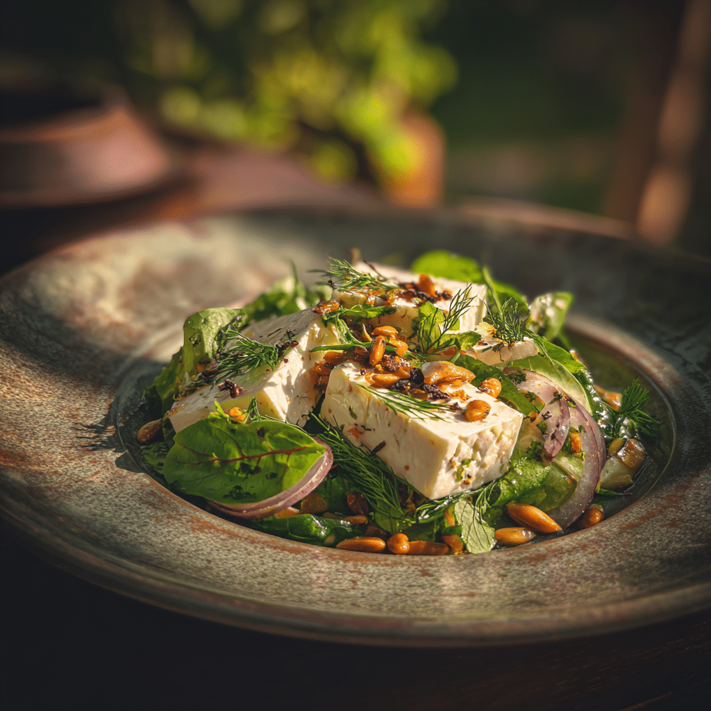 plated ribbon salad with garnish