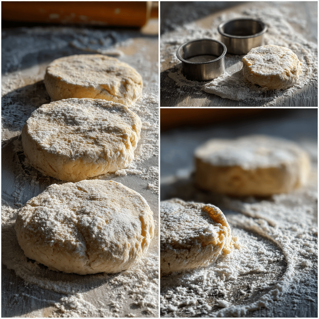 shaping sourdough discard English muffins on floured surface