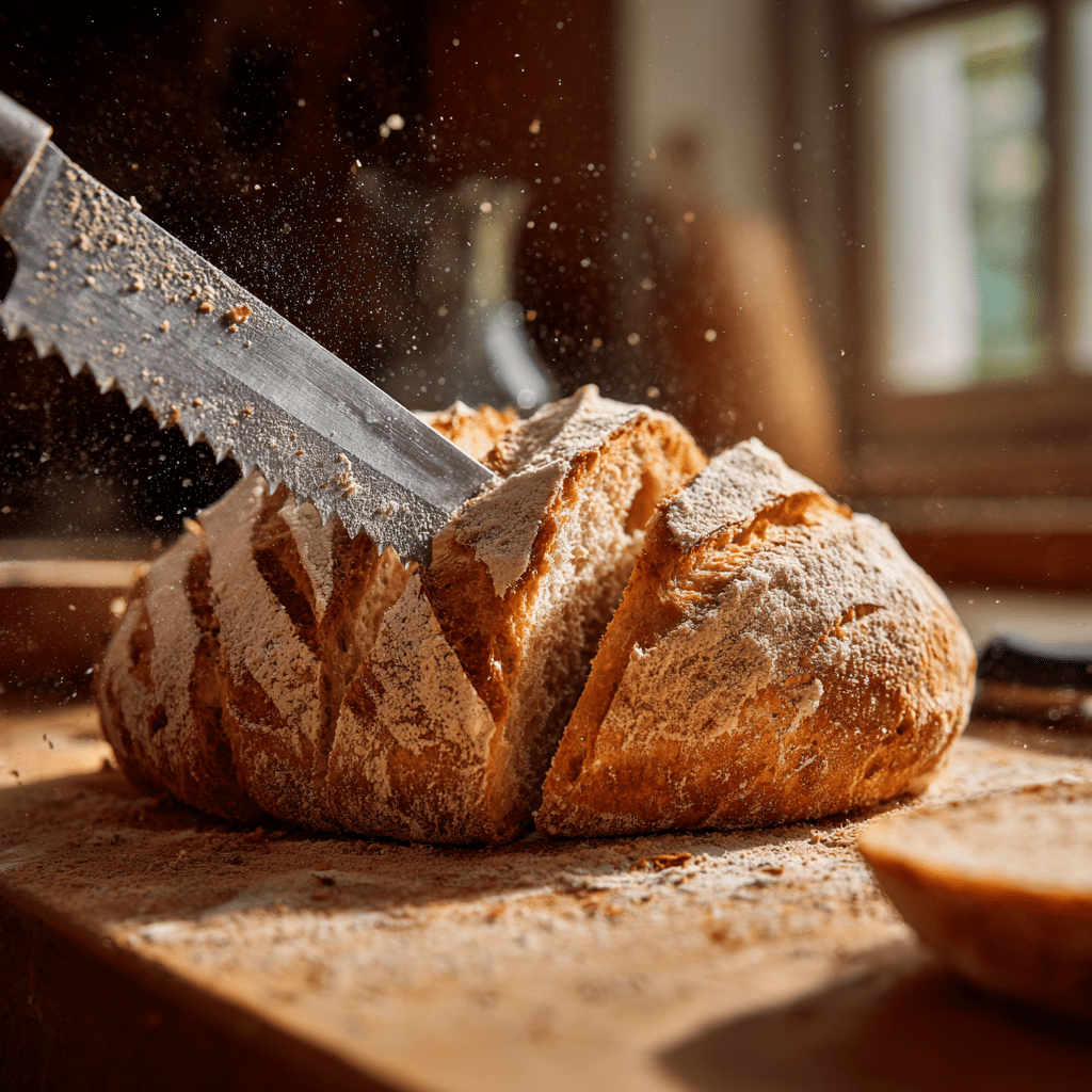 slicing freshly baked gluten free sourdough bread