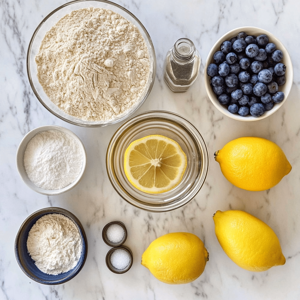 Ingredients for blueberry lemon sourdough bread laid out