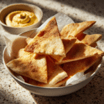 Golden crispy sourdough pita chips in bowl with hummus dip