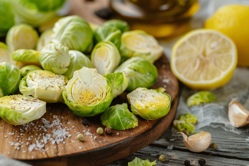 Raw Brussels sprouts and seasoning ingredients