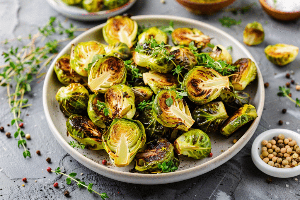 Plated air fryer Brussels sprouts