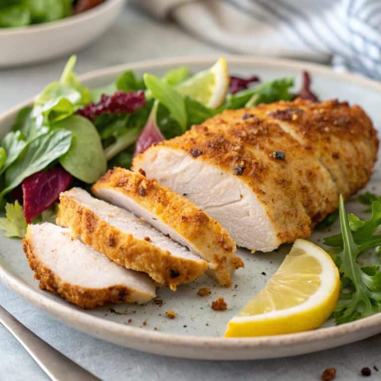 Air fryer chicken breast served with salad on a plate