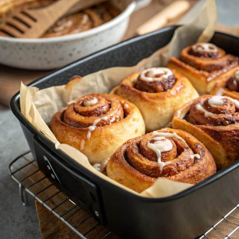 Fresh air fryer cinnamon rolls with icing in basket
