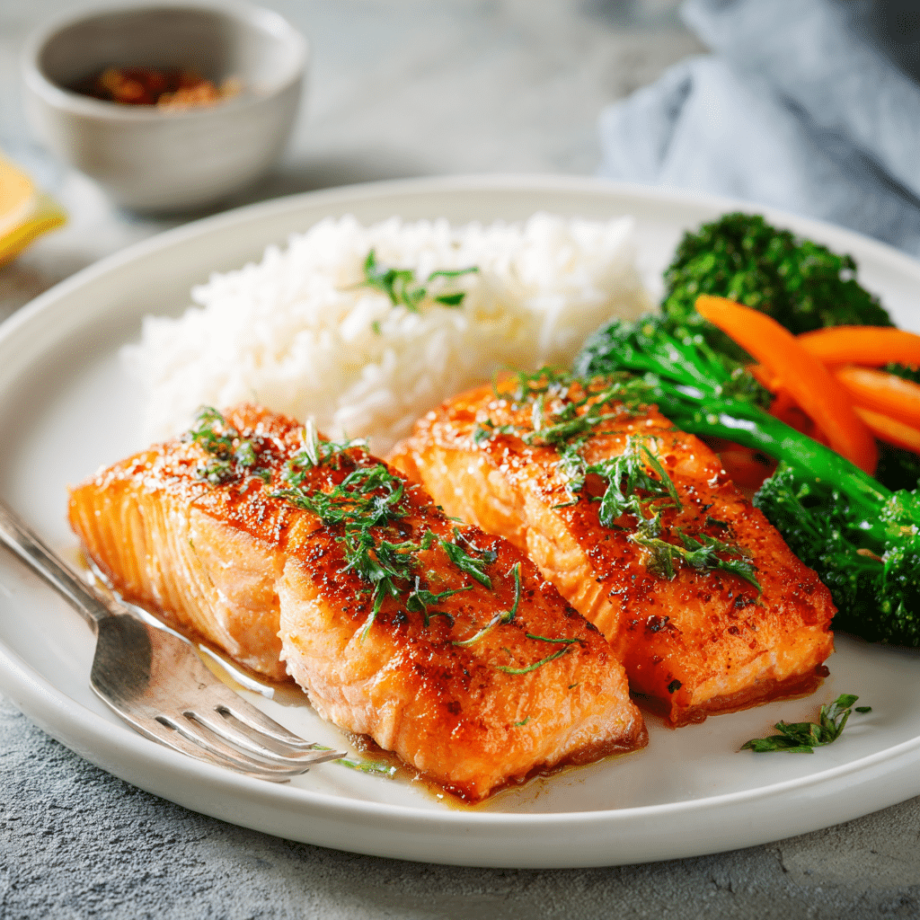 plated air fryer salmon with sides