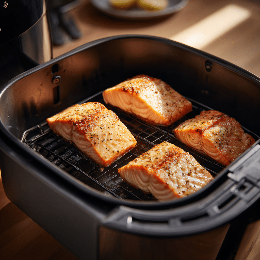 salmon cooking inside air fryer