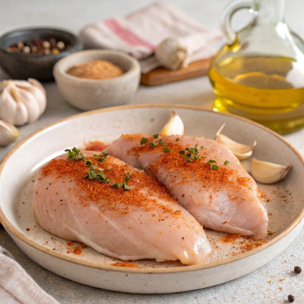 Raw chicken breasts seasoned for air fryer cooking