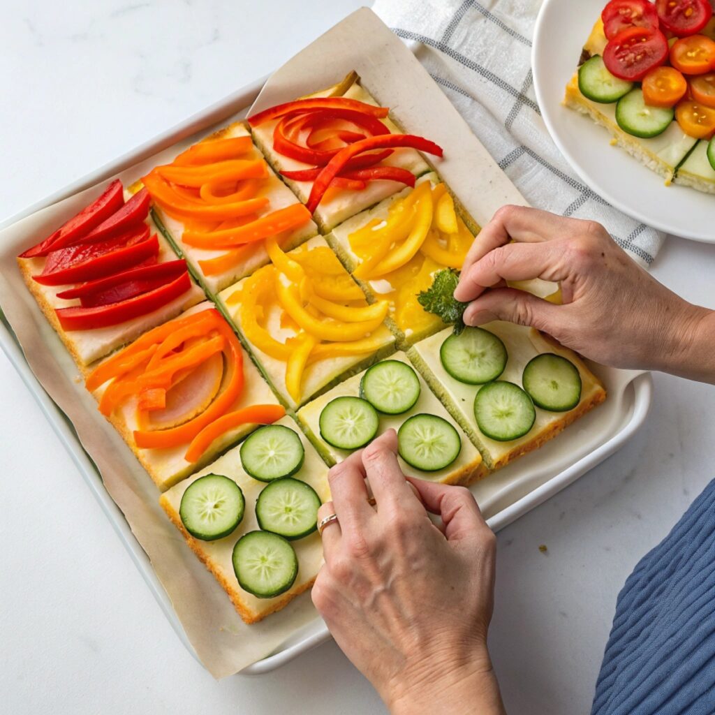 Checkerboard salad being assembled on a white platter