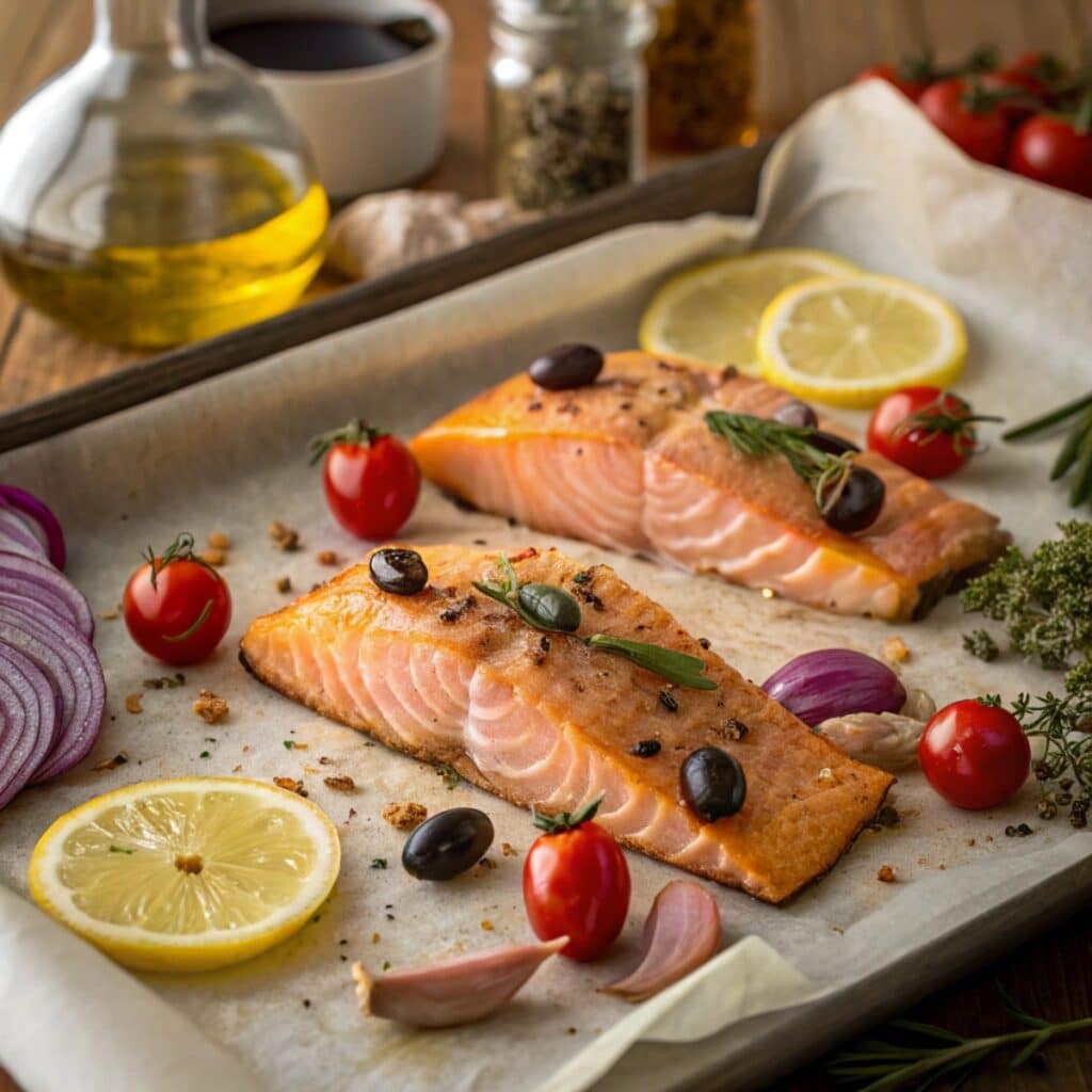 Mediterranean salmon on a baking sheet before roasting