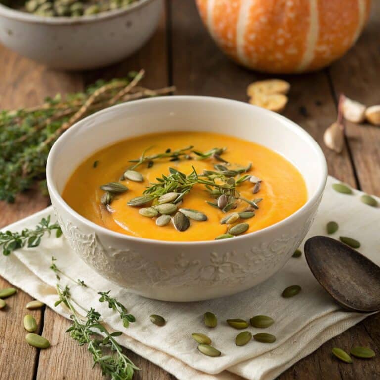 butternut squash soup in a bowl with fresh herbs